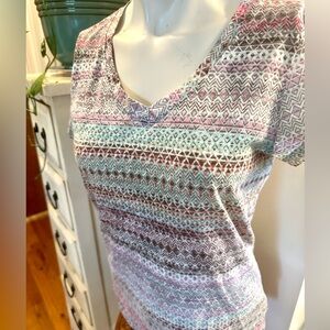 Prana Colorful Geomtric Patterned V-Neck Women's Top